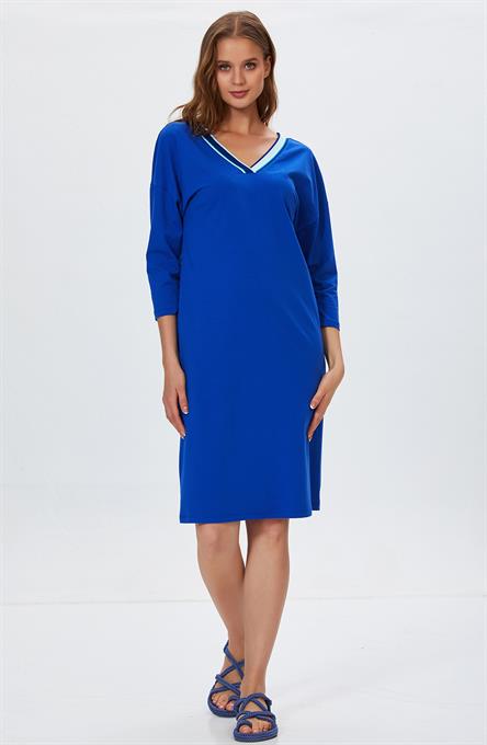 V Yaka Turvakar Kol Yakası Şeritli Elbise 022-2506