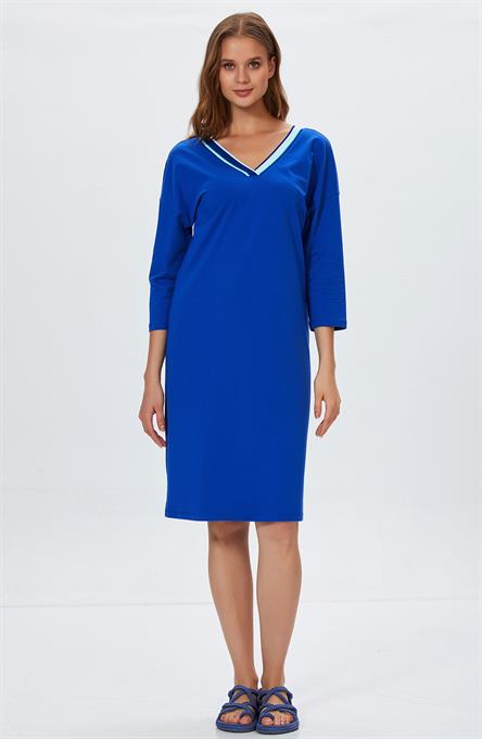 V Yaka Turvakar Kol Yakası Şeritli Elbise 022-2506