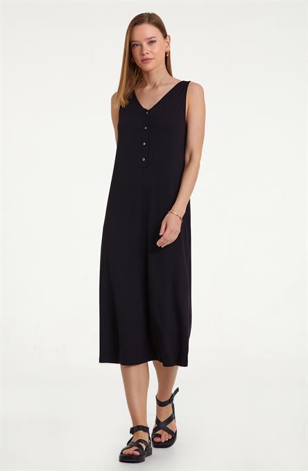 V Yaka Önü Düğmeli Kolsuz Elbise 022-2526