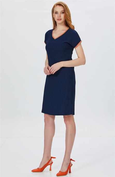 Yakası Ve Kolu Şeritli Kısa Kol Elbise 022-2504